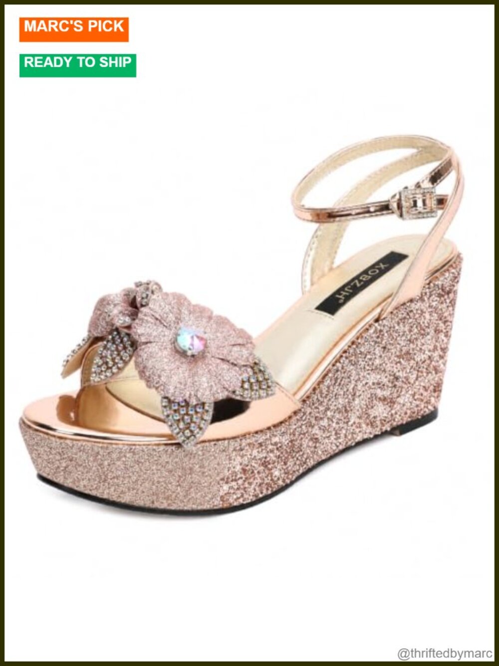 Rose Gold Rhinestone Flower Wedge Sandals Dressy 3-inch Heel